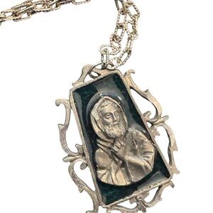 Elegant Vintage Religious Saint Pio Silver Pendant Enameled Necklace